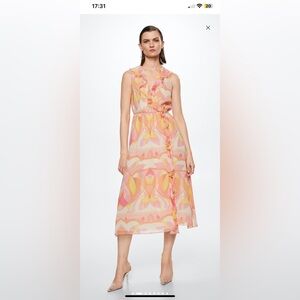Mango Orange and Pink Ruffled Tiered printed Midi Dress size 8
